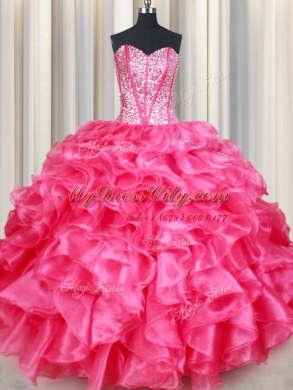 Suitable Hot Pink Sleeveless Floor Length Beading and Ruffles Lace Up Quinceanera Gowns