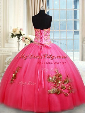 High Class Tulle Sweetheart Sleeveless Lace Up Beading and Appliques Quinceanera Dress in Hot Pink