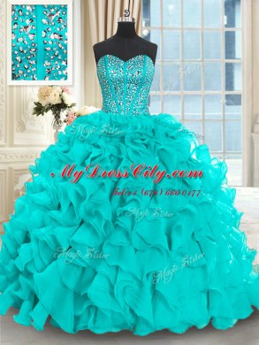 Aqua Blue Sleeveless With Train Beading and Ruffles Lace Up Quinceanera Dress