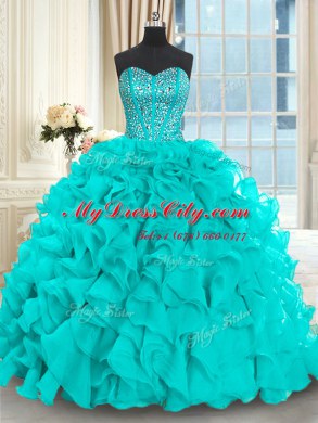 Aqua Blue Sleeveless With Train Beading and Ruffles Lace Up Quinceanera Dress