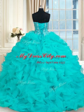 Aqua Blue Sleeveless With Train Beading and Ruffles Lace Up Quinceanera Dress