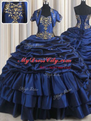 Navy Blue Ball Gowns Embroidery and Pick Ups 15th Birthday Dress Lace Up Taffeta Sleeveless With Train