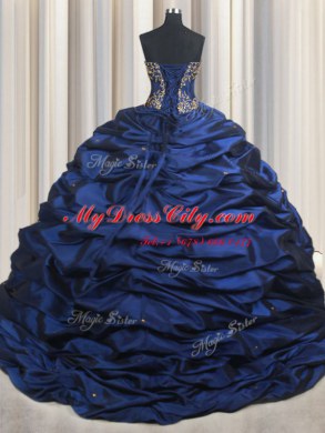 Navy Blue Ball Gowns Embroidery and Pick Ups 15th Birthday Dress Lace Up Taffeta Sleeveless With Train