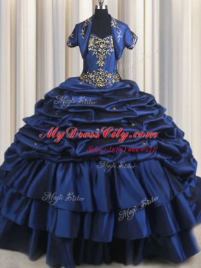 Navy Blue Ball Gowns Embroidery and Pick Ups 15th Birthday Dress Lace Up Taffeta Sleeveless With Train