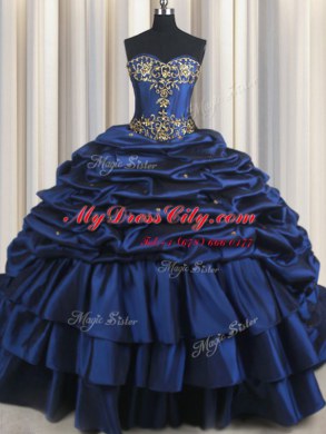 Navy Blue Ball Gowns Embroidery and Pick Ups 15th Birthday Dress Lace Up Taffeta Sleeveless With Train