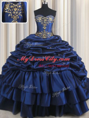 Navy Blue Ball Gowns Embroidery and Pick Ups 15th Birthday Dress Lace Up Taffeta Sleeveless With Train