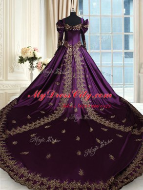 Inexpensive Dark Purple A-line Off The Shoulder Long Sleeves Taffeta With Train Chapel Train Zipper Beading and Embroidery Ball Gown Prom Dress