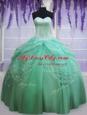 Simple Apple Green Ball Gowns Tulle Sweetheart Sleeveless Beading and Sequins Floor Length Lace Up Quinceanera Gowns