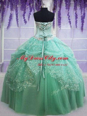 Simple Apple Green Ball Gowns Tulle Sweetheart Sleeveless Beading and Sequins Floor Length Lace Up Quinceanera Gowns