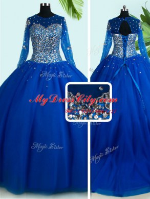 Royal Blue Scoop Lace Up Beading Sweet 16 Dresses Brush Train Long Sleeves