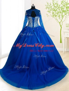 Royal Blue Scoop Lace Up Beading Sweet 16 Dresses Brush Train Long Sleeves