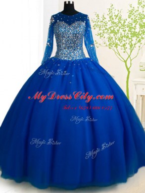 Royal Blue Scoop Lace Up Beading Sweet 16 Dresses Brush Train Long Sleeves