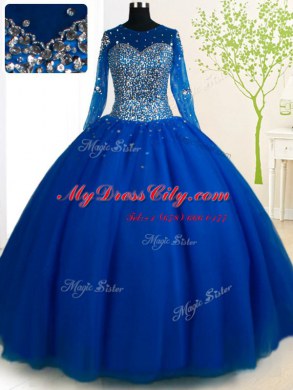 Royal Blue Scoop Lace Up Beading Sweet 16 Dresses Brush Train Long Sleeves