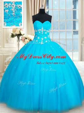 Elegant Baby Blue Ball Gowns Sweetheart Sleeveless Tulle Floor Length Lace Up Beading Sweet 16 Quinceanera Dress