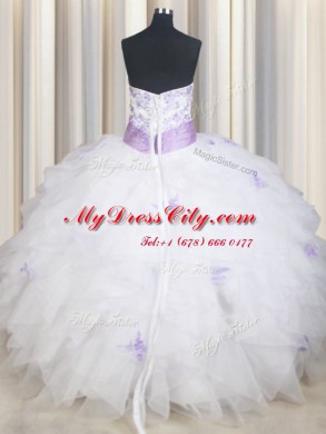 Admirable Beading and Ruffles and Belt Sweet 16 Dress White Lace Up Sleeveless Floor Length