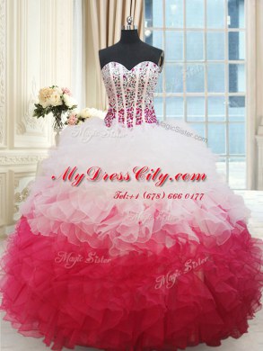 Hot Selling Sweetheart Sleeveless Quince Ball Gowns Floor Length Beading and Ruffles White and Red Organza