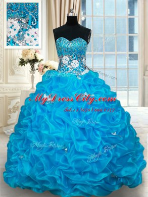 Baby Blue Lace Up Quinceanera Dresses Beading and Pick Ups Sleeveless With Brush Train