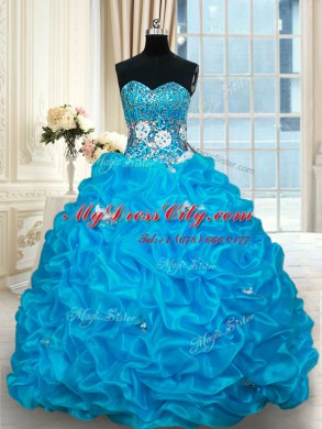 Baby Blue Lace Up Quinceanera Dresses Beading and Pick Ups Sleeveless With Brush Train