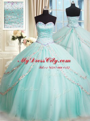 Vintage Apple Green Tulle Lace Up Ball Gown Prom Dress Sleeveless With Brush Train Beading