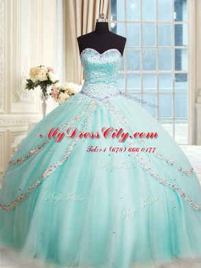 Vintage Apple Green Tulle Lace Up Ball Gown Prom Dress Sleeveless With Brush Train Beading