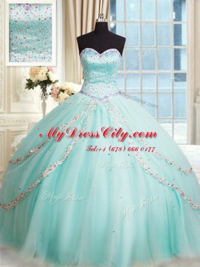 Vintage Apple Green Tulle Lace Up Ball Gown Prom Dress Sleeveless With Brush Train Beading