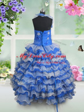 Inexpensive Blue And White Organza Lace Up Halter Top Sleeveless Floor Length Pageant Gowns For Girls Beading and Appliques and Ruffled Layers