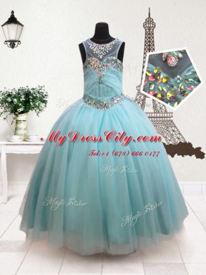 Beautiful Scoop Aqua Blue Tulle Zipper Party Dresses Sleeveless Floor Length Beading