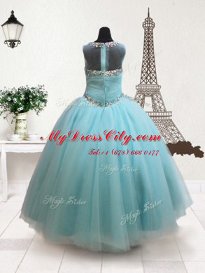 Beautiful Scoop Aqua Blue Tulle Zipper Party Dresses Sleeveless Floor Length Beading