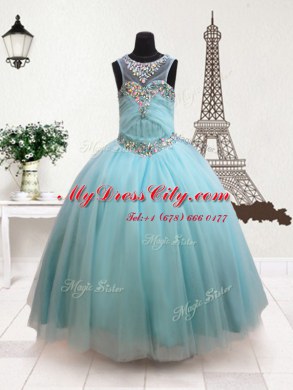 Beautiful Scoop Aqua Blue Tulle Zipper Party Dresses Sleeveless Floor Length Beading