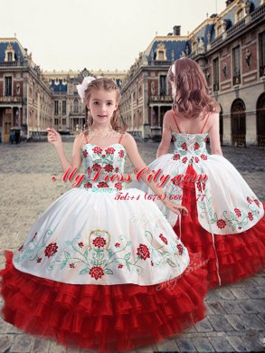 Dazzling Straps White and Red Sleeveless Organza Lace Up Child Pageant Dress for Party and Wedding Party