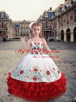 Dazzling Straps White and Red Sleeveless Organza Lace Up Child Pageant Dress for Party and Wedding Party