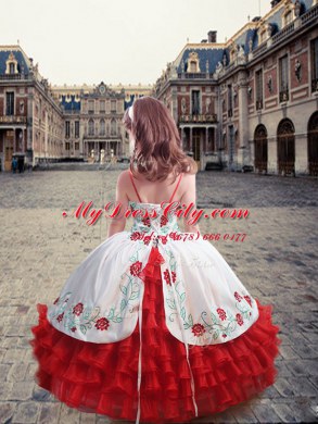 Dazzling Straps White and Red Sleeveless Organza Lace Up Child Pageant Dress for Party and Wedding Party