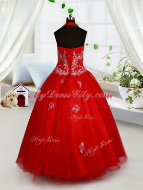 Halter Top Red Organza Lace Up Evening Gowns Sleeveless Floor Length Beading and Appliques