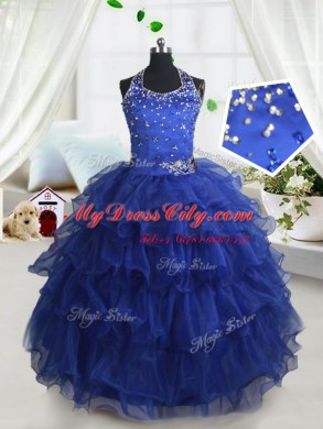 New Style Royal Blue Organza Lace Up Halter Top Sleeveless Floor Length High School Pageant Dress Beading and Ruffled Layers