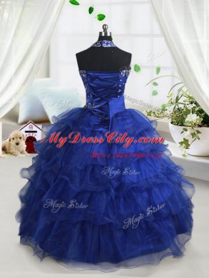 New Style Royal Blue Organza Lace Up Halter Top Sleeveless Floor Length High School Pageant Dress Beading and Ruffled Layers