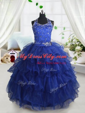 New Style Royal Blue Organza Lace Up Halter Top Sleeveless Floor Length High School Pageant Dress Beading and Ruffled Layers