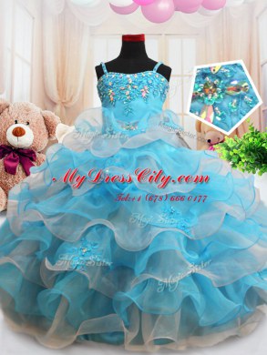 Straps Baby Blue Organza Zipper Child Pageant Dress Sleeveless Floor Length Beading and Appliques and Ruffled Layers