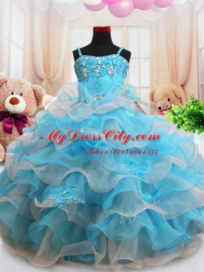 Straps Baby Blue Organza Zipper Child Pageant Dress Sleeveless Floor Length Beading and Appliques and Ruffled Layers