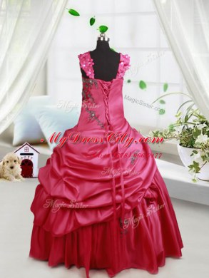 Straps Pick Ups Floor Length Ball Gowns Sleeveless Hot Pink Custom Made Pageant Dress Lace Up