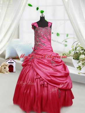 Straps Pick Ups Floor Length Ball Gowns Sleeveless Hot Pink Custom Made Pageant Dress Lace Up