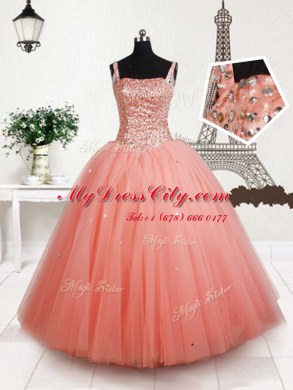 Low Price Floor Length Peach Pageant Dress Wholesale Straps Sleeveless Lace Up