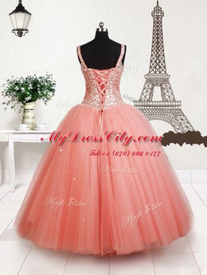 Low Price Floor Length Peach Pageant Dress Wholesale Straps Sleeveless Lace Up