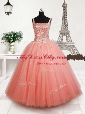 Low Price Floor Length Peach Pageant Dress Wholesale Straps Sleeveless Lace Up