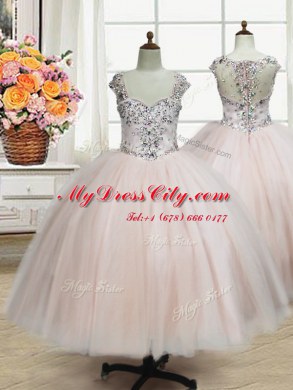 Straps Cap Sleeves Zipper Floor Length Beading Pageant Dress