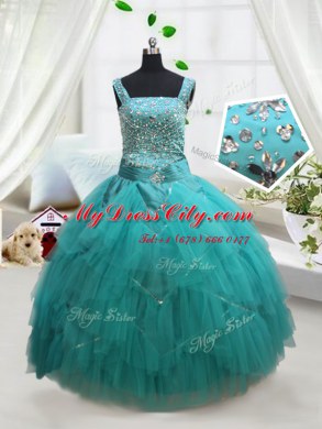 Square Floor Length Turquoise Little Girl Pageant Gowns Tulle Sleeveless Beading and Ruffles and Belt