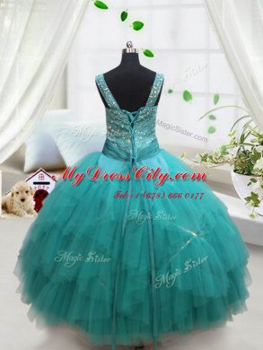 Square Floor Length Turquoise Little Girl Pageant Gowns Tulle Sleeveless Beading and Ruffles and Belt