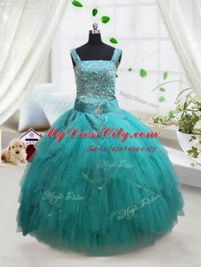 Square Floor Length Turquoise Little Girl Pageant Gowns Tulle Sleeveless Beading and Ruffles and Belt