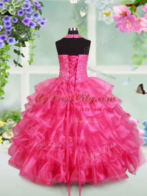 Halter Top Sleeveless Organza Party Dresses Beading and Ruffled Layers Lace Up