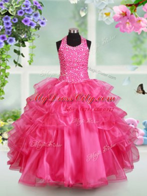 Halter Top Sleeveless Organza Party Dresses Beading and Ruffled Layers Lace Up