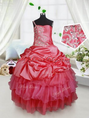 Red Ball Gowns Organza and Taffeta Spaghetti Straps Sleeveless Beading and Ruffled Layers Floor Length Lace Up Custom Made